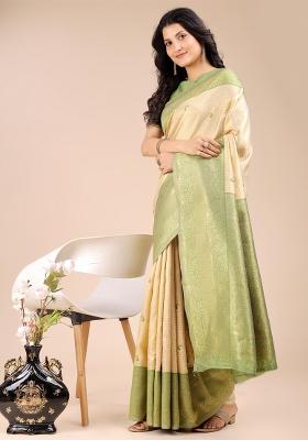 Cream And Light Green Woven Zari Work Banarasi Silk Saree Set