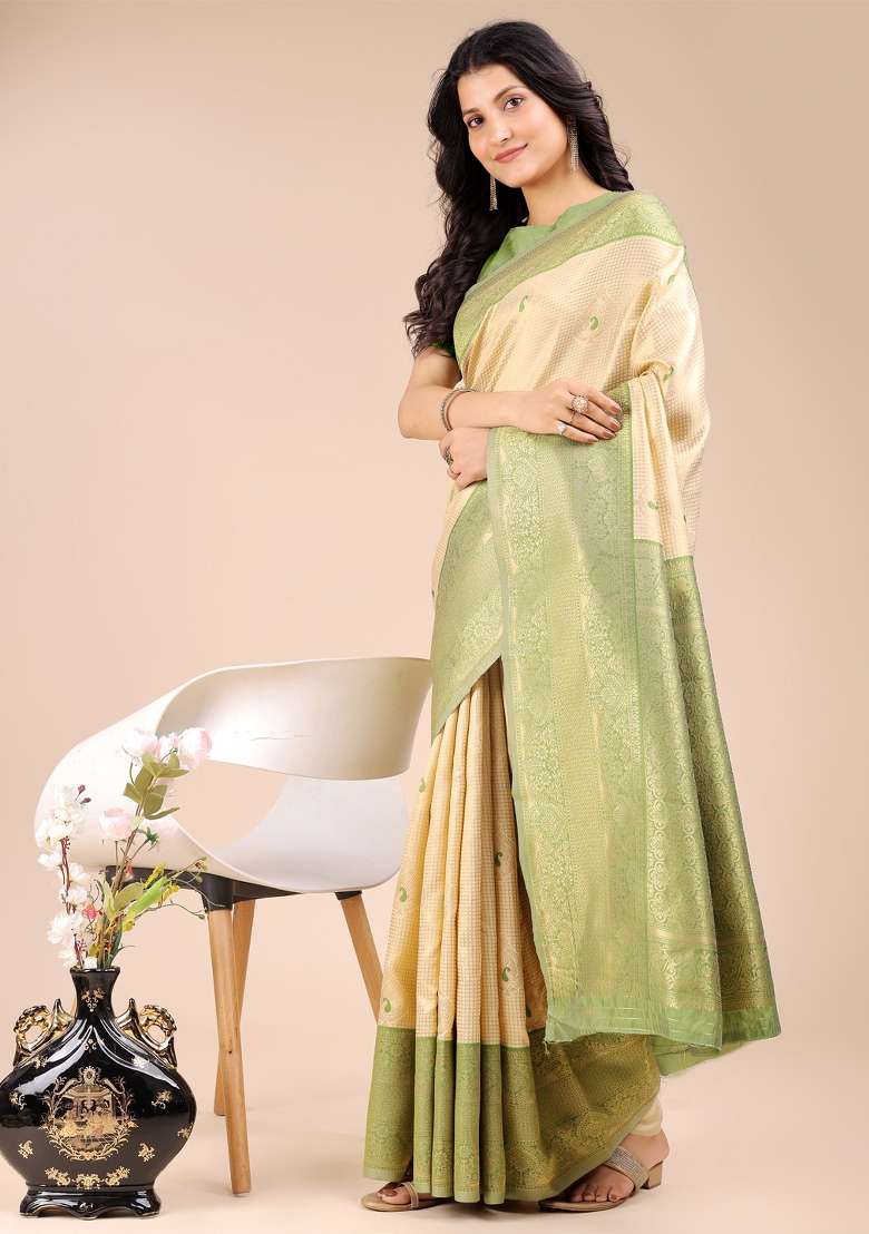 Cream And Light Green Woven Zari Work Banarasi Silk Saree Set - Indya