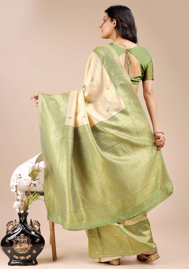 Cream And Light Green Woven Zari Work Banarasi Silk Saree Set - Indya