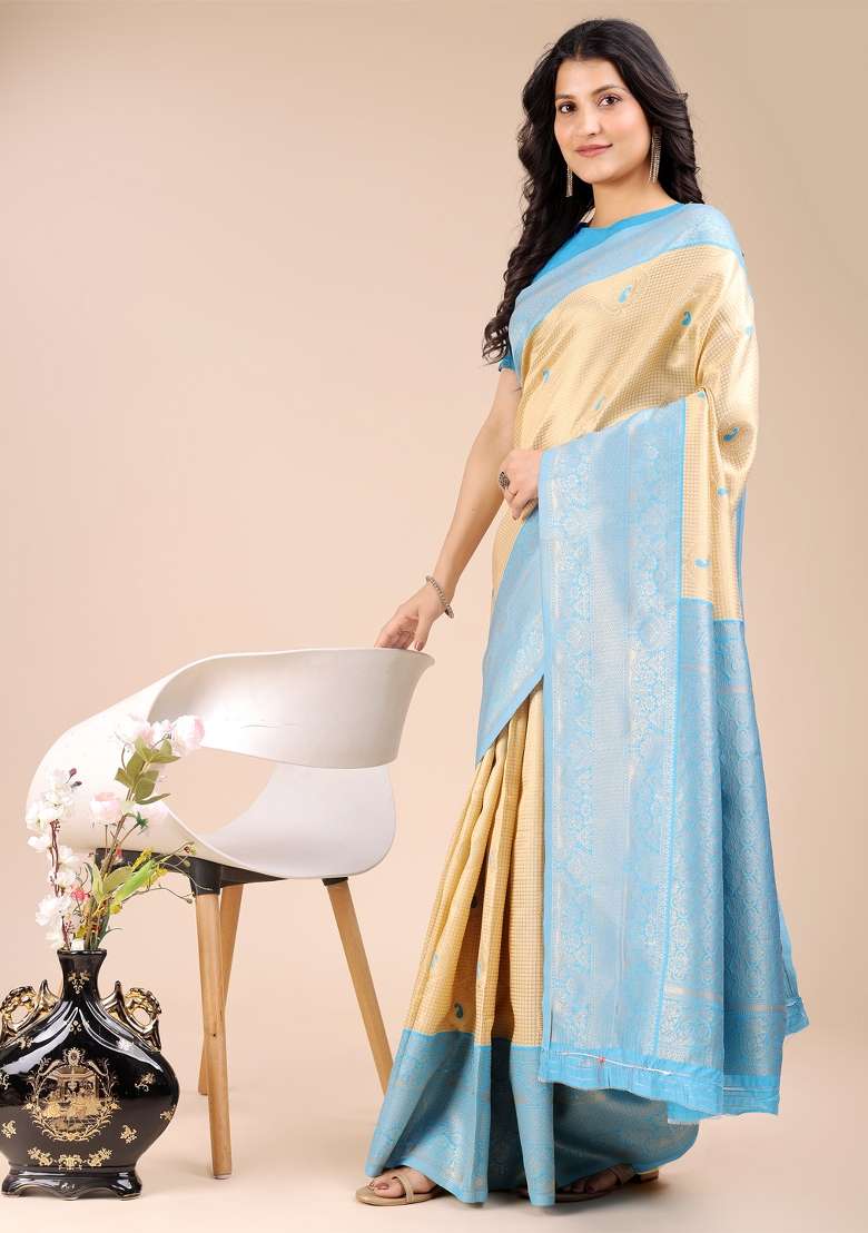 Cream And Sky Blue Woven Zari Work Banarasi Silk Saree Set - Indya
