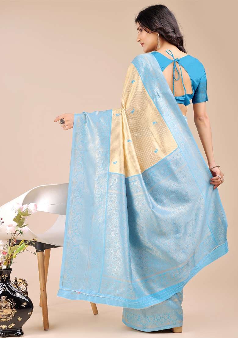 Cream And Sky Blue Woven Zari Work Banarasi Silk Saree Set - Indya