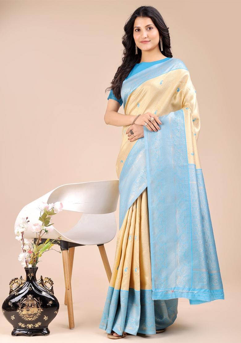 Cream And Sky Blue Woven Zari Work Banarasi Silk Saree Set
