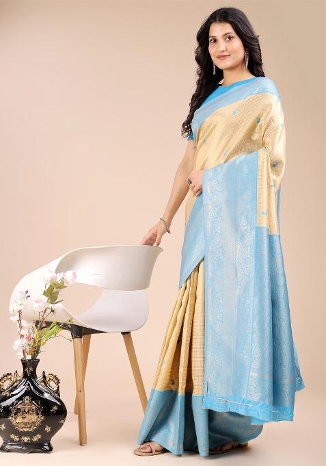 Cream And Sky Blue Woven Zari Work Banarasi Silk Saree Set