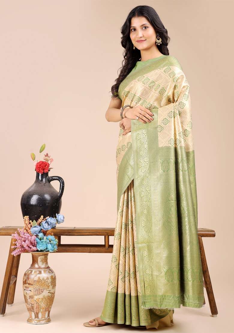 Cream And Light Green Woven Zari Work Banarasi Silk Saree Set - Indya
