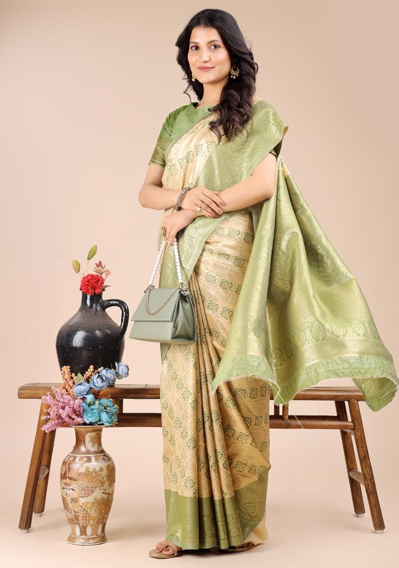 Cream And Light Green Woven Zari Work Banarasi Silk Saree Set