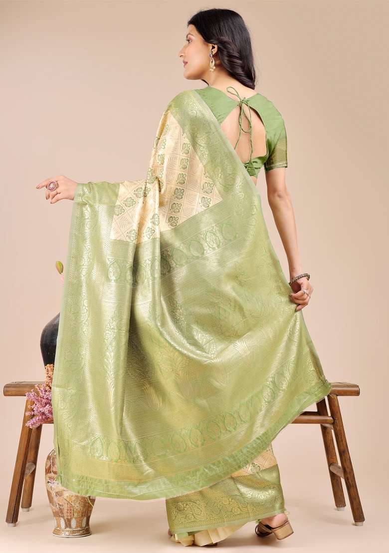 Cream And Light Green Woven Zari Work Banarasi Silk Saree Set - Indya