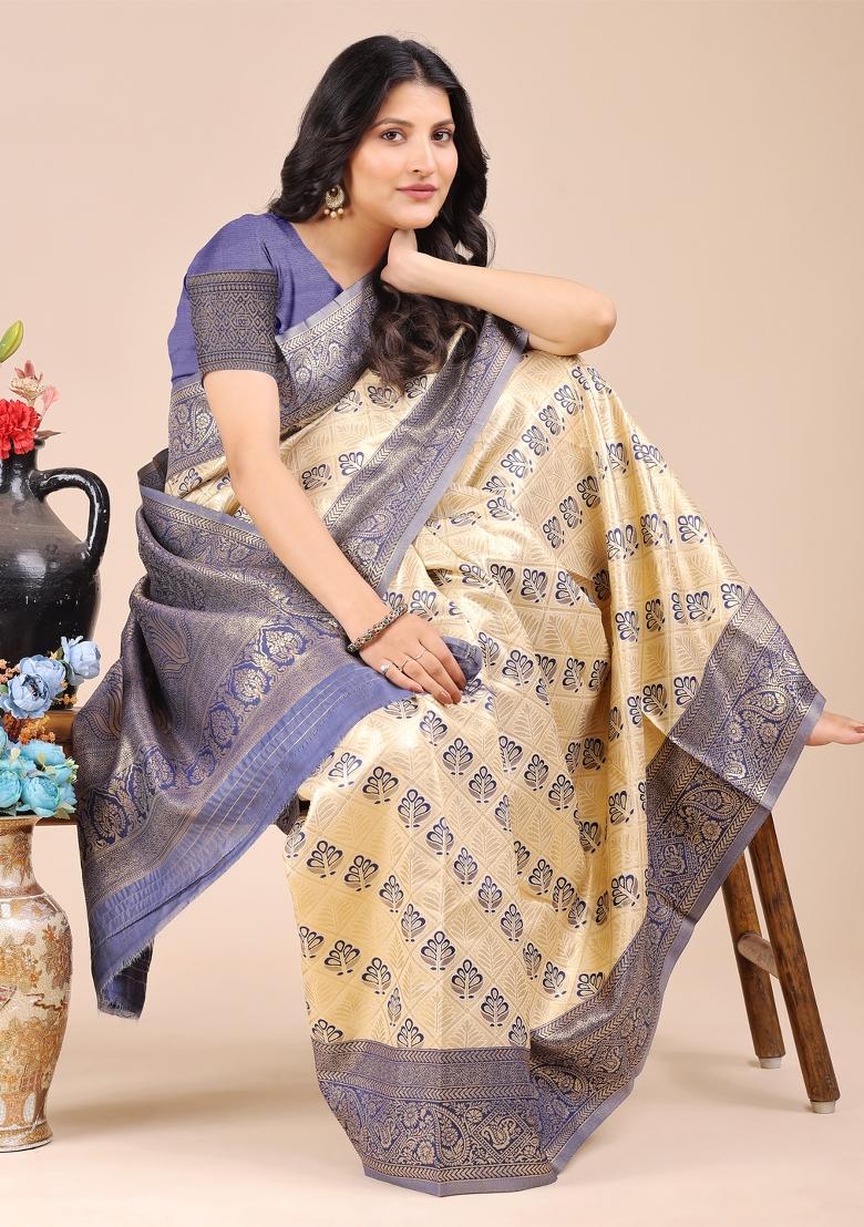 Cream And Navy Blue Woven Zari Work Banarasi Silk Saree Set