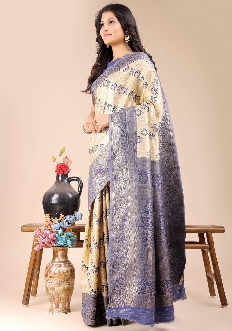 Cream And Navy Blue Woven Zari Work Banarasi Silk Saree Set