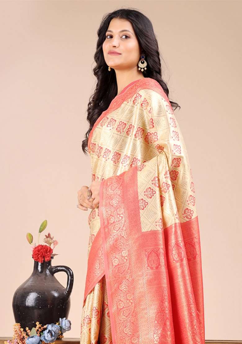 Cream And Red Woven Zari Work Banarasi Silk Saree Set - Indya