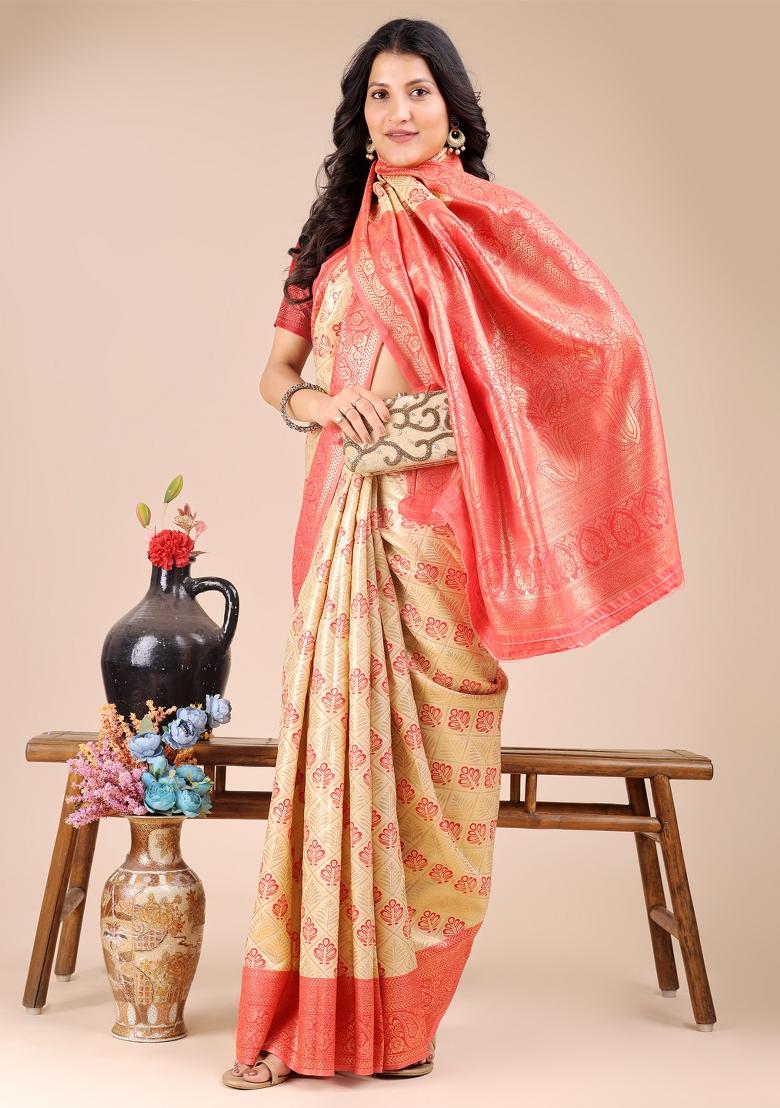 Cream And Red Woven Zari Work Banarasi Silk Saree Set