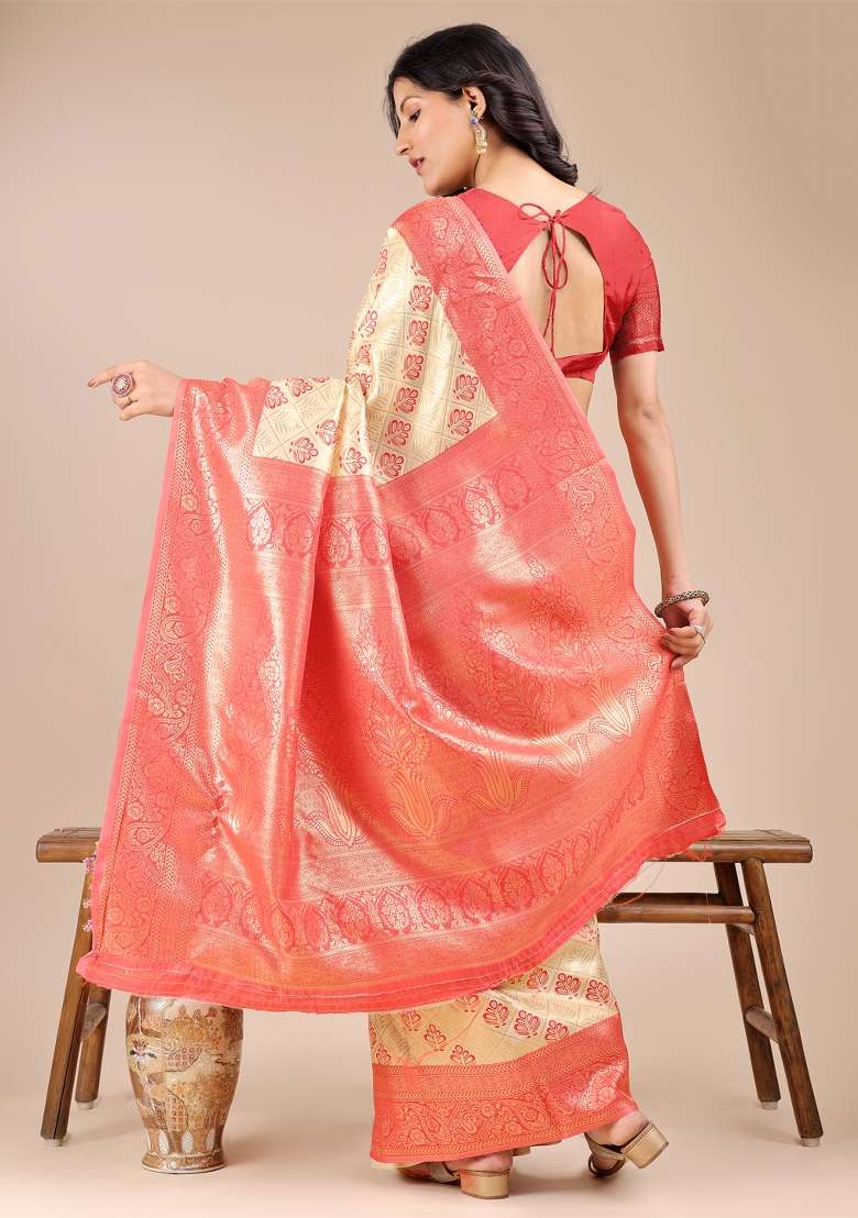 Cream And Red Woven Zari Work Banarasi Silk Saree Set - Indya