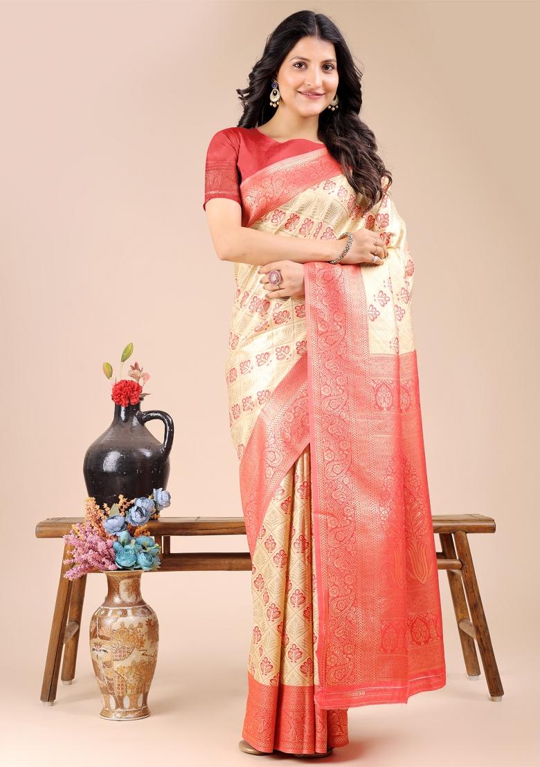 Cream And Red Woven Zari Work Banarasi Silk Saree Set
