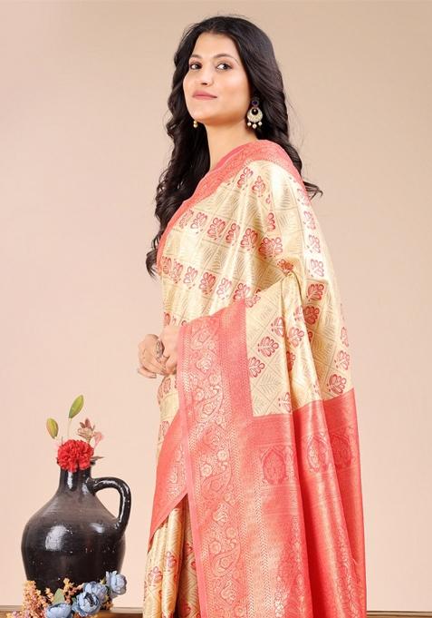 Cream And Red Woven Zari Work Banarasi Silk Saree Set