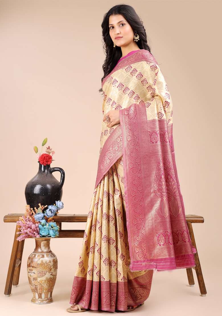Cream And Magenta Woven Zari Work Banarasi Silk Saree Set - Indya