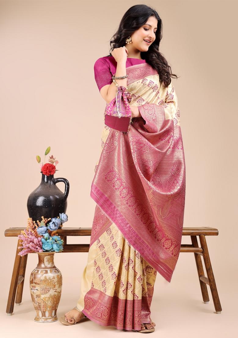 Cream And Magenta Woven Zari Work Banarasi Silk Saree Set