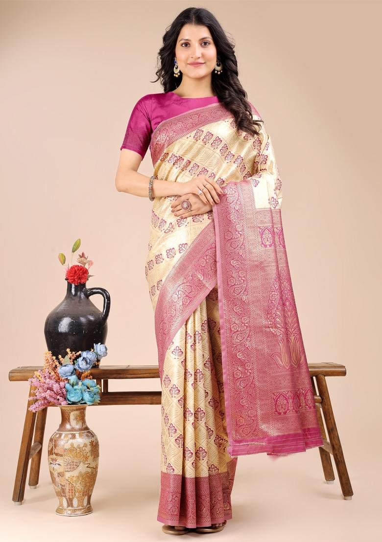 Cream And Magenta Woven Zari Work Banarasi Silk Saree Set