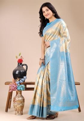 Cream And Sky Blue Woven Zari Work Banarasi Silk Saree Set