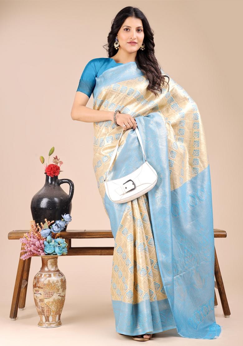 Cream And Sky Blue Woven Zari Work Banarasi Silk Saree Set