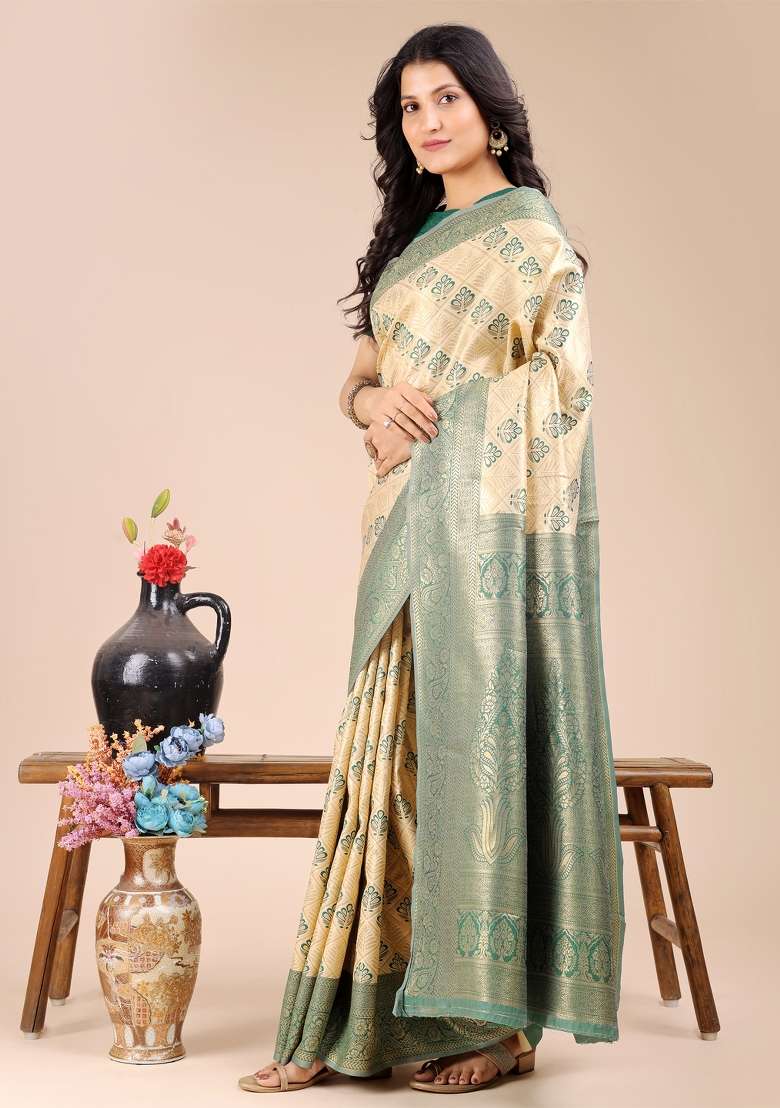 Cream And Green Woven Zari Work Banarasi Silk Saree Set - Indya