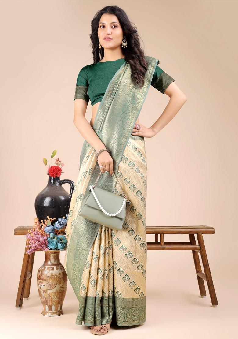 Cream And Green Woven Zari Work Banarasi Silk Saree Set