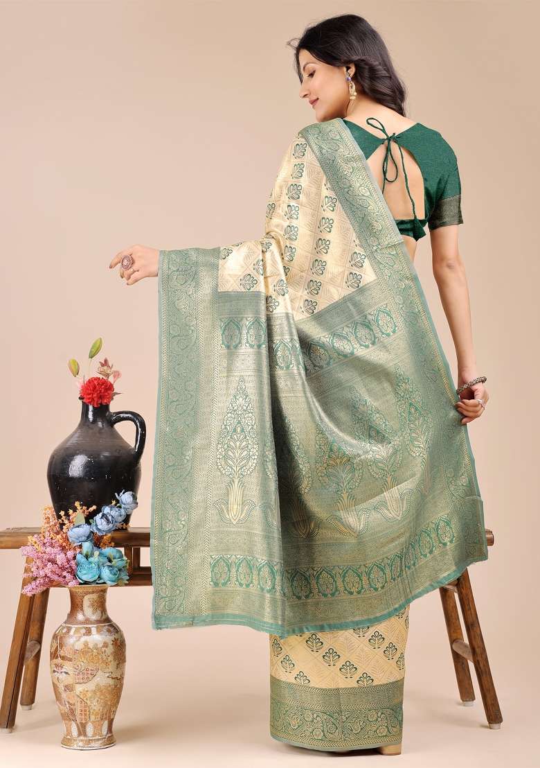 Cream And Green Woven Zari Work Banarasi Silk Saree Set - Indya