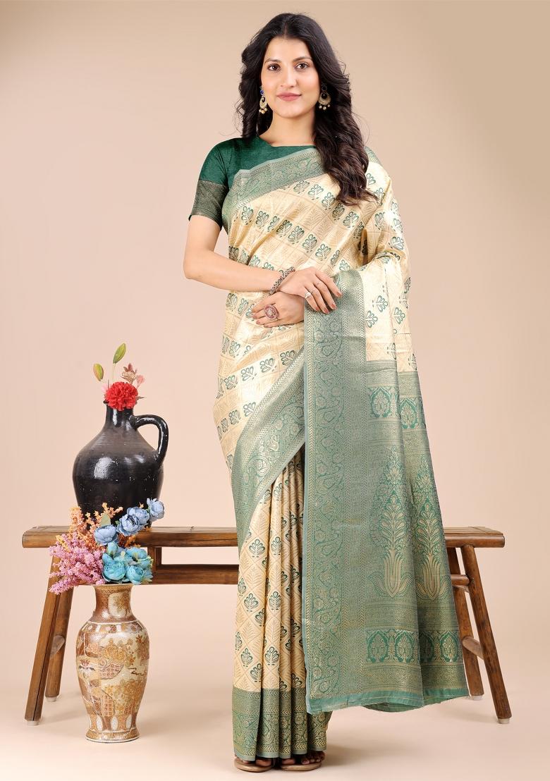 Cream And Green Woven Zari Work Banarasi Silk Saree Set