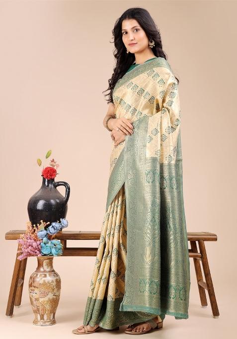 Cream And Green Woven Zari Work Banarasi Silk Saree Set