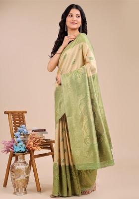 Cream And Light Green Woven Zari Work Banarasi Silk Saree Set