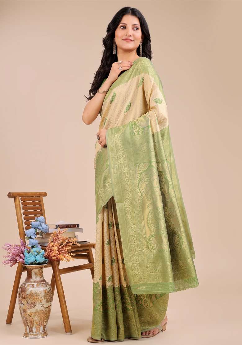 Cream And Light Green Woven Zari Work Banarasi Silk Saree Set - Indya