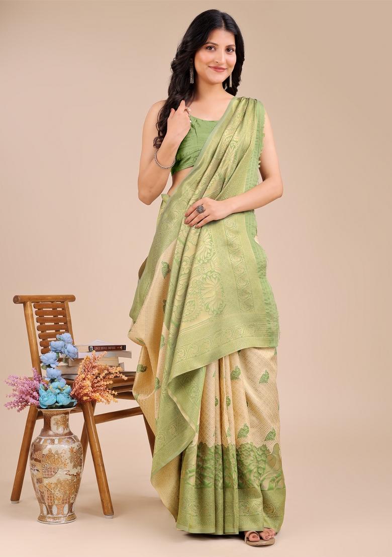 Cream And Light Green Woven Zari Work Banarasi Silk Saree Set