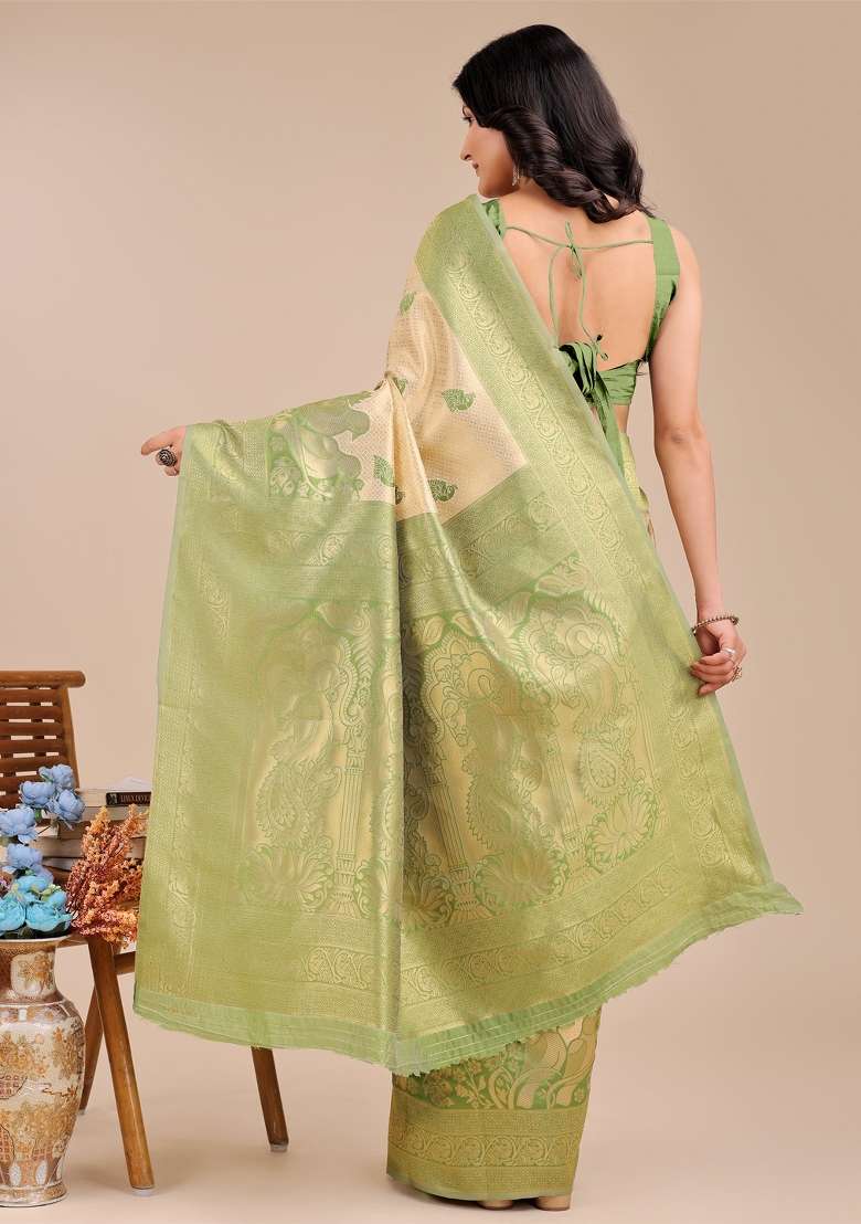 Cream And Light Green Woven Zari Work Banarasi Silk Saree Set - Indya