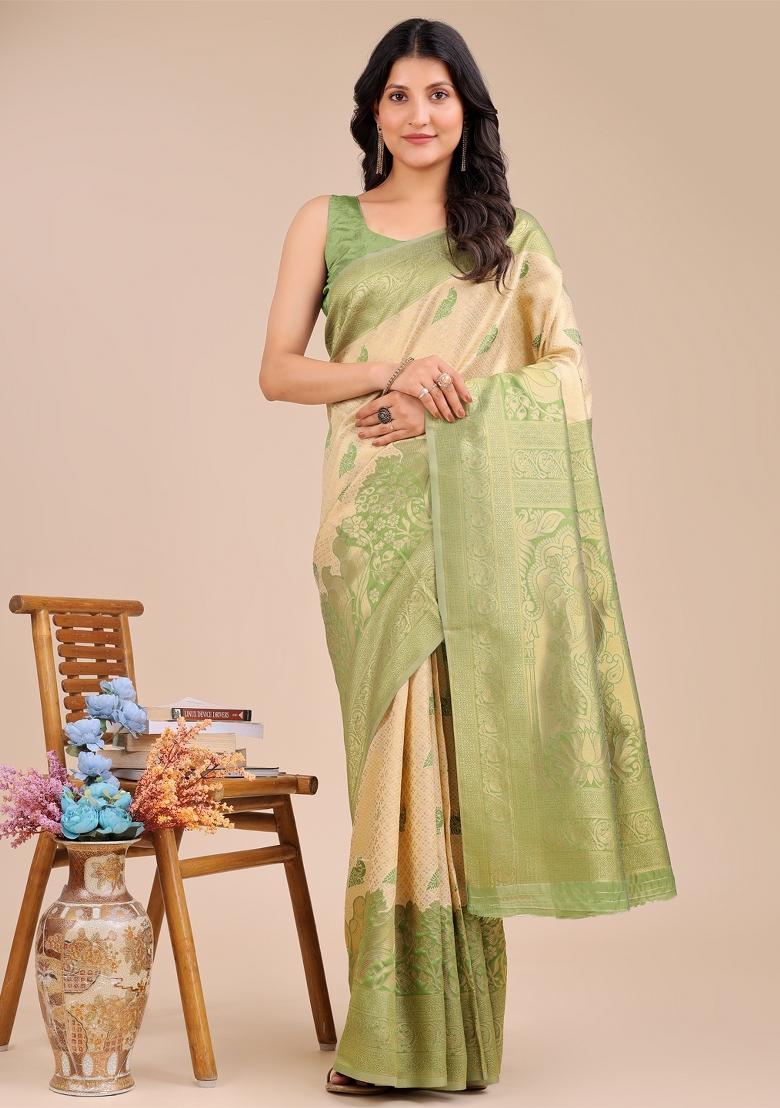 Cream And Light Green Woven Zari Work Banarasi Silk Saree Set
