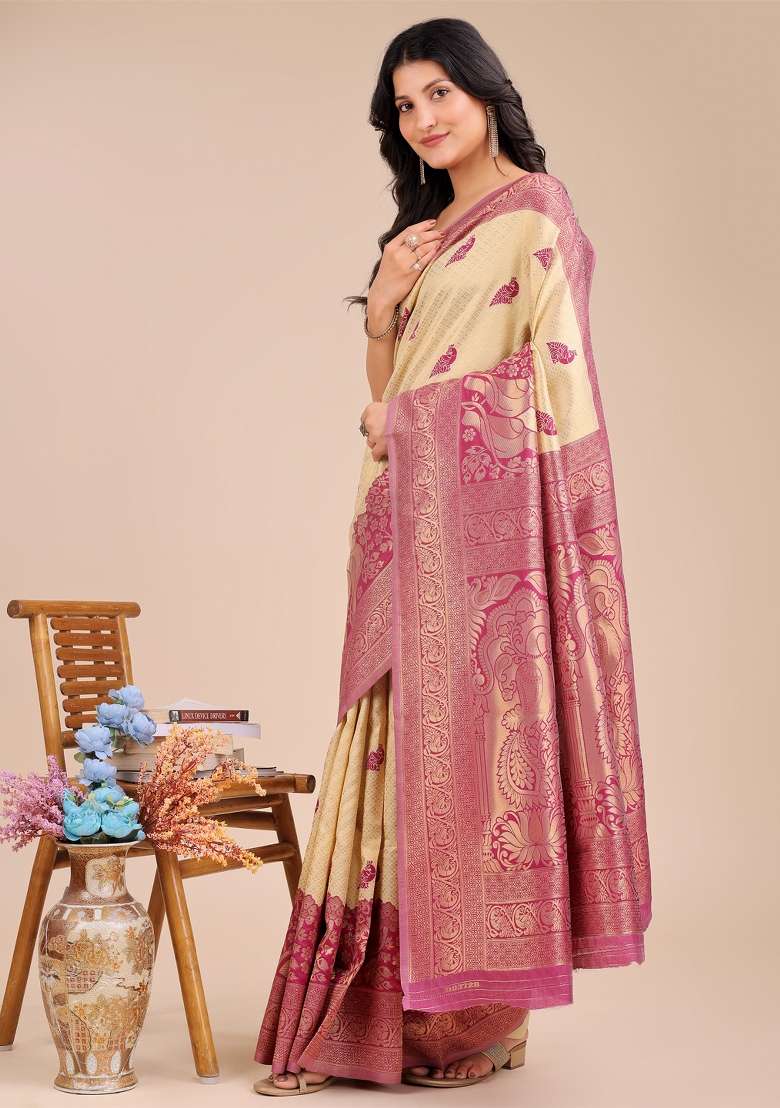 Cream And Magenta Woven Zari Work Banarasi Silk Saree Set - Indya