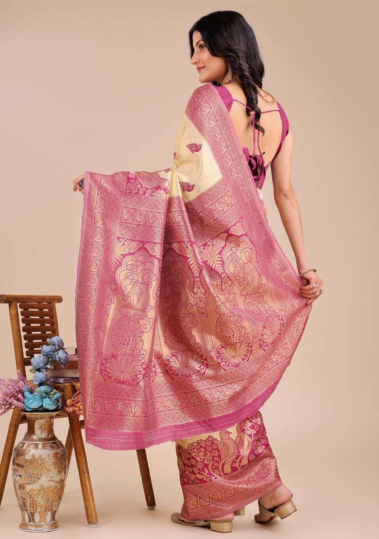 Cream And Magenta Woven Zari Work Banarasi Silk Saree Set - Indya
