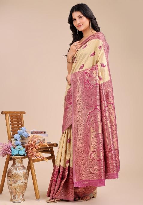 Cream And Magenta Woven Zari Work Banarasi Silk Saree Set