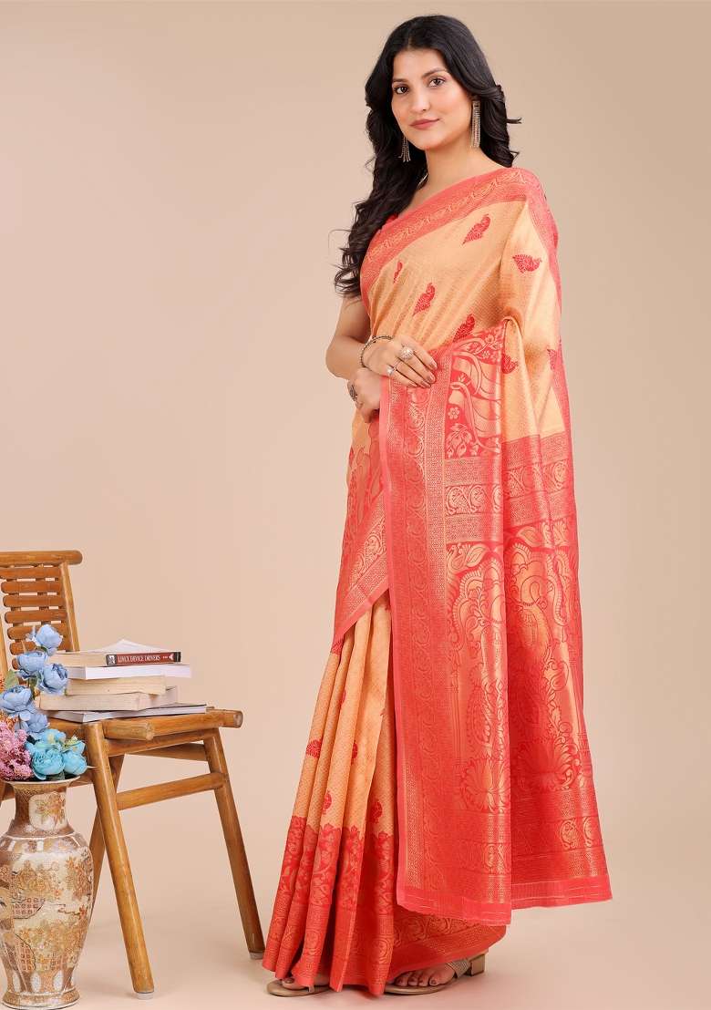 Cream And Red Woven Zari Work Banarasi Silk Saree Set - Indya