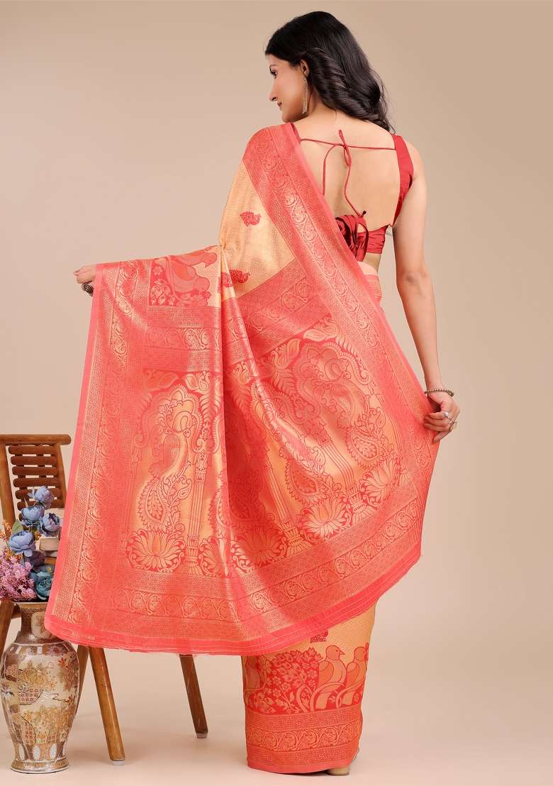 Cream And Red Woven Zari Work Banarasi Silk Saree Set - Indya