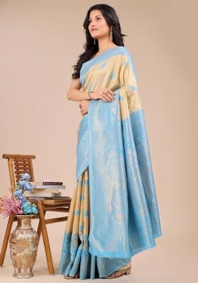 Cream And Sky Blue Woven Zari Work Banarasi Silk Saree Set