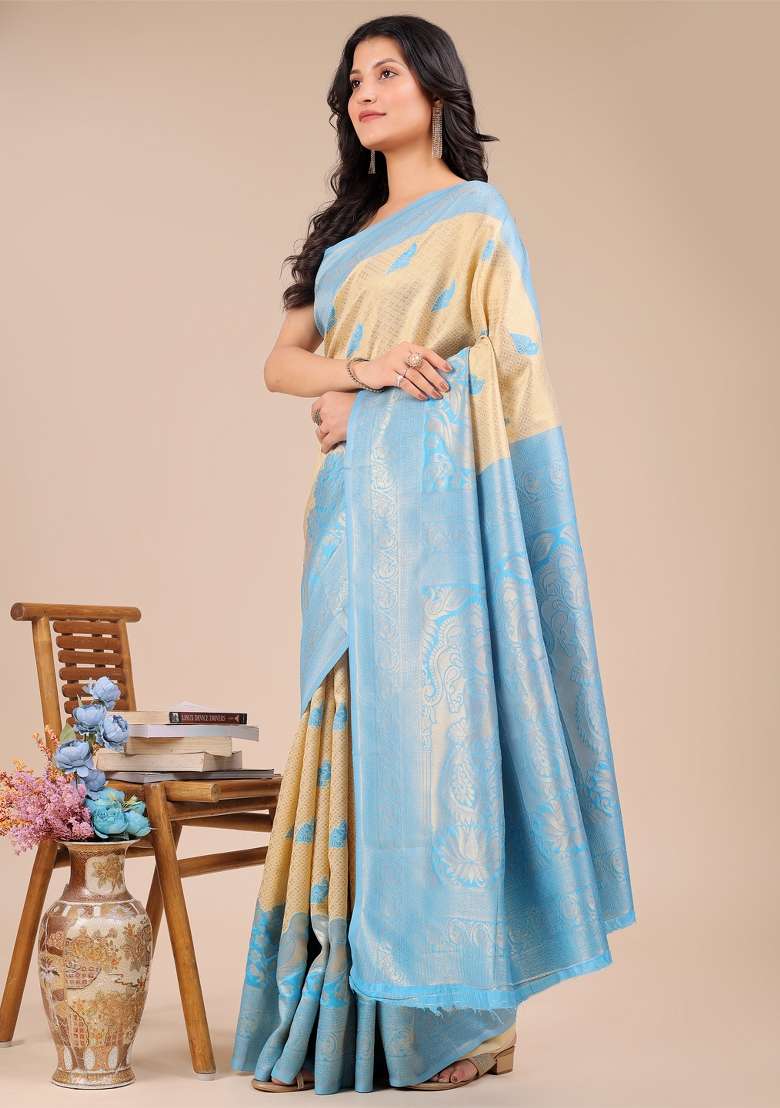 Cream And Sky Blue Woven Zari Work Banarasi Silk Saree Set - Indya