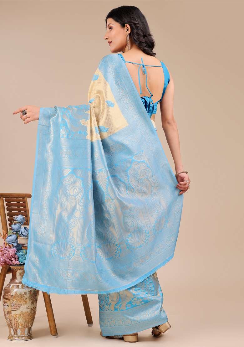 Cream And Sky Blue Woven Zari Work Banarasi Silk Saree Set - Indya