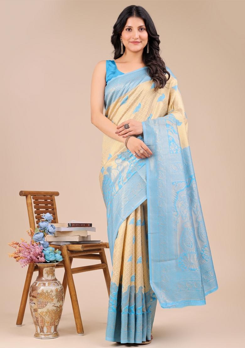 Cream And Sky Blue Woven Zari Work Banarasi Silk Saree Set