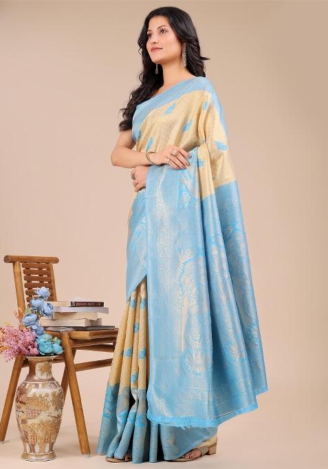 Cream And Sky Blue Woven Zari Work Banarasi Silk Saree Set