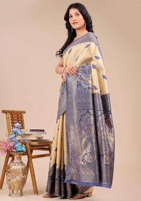 Cream And Navy Blue Woven Zari Work Banarasi Silk Saree Set