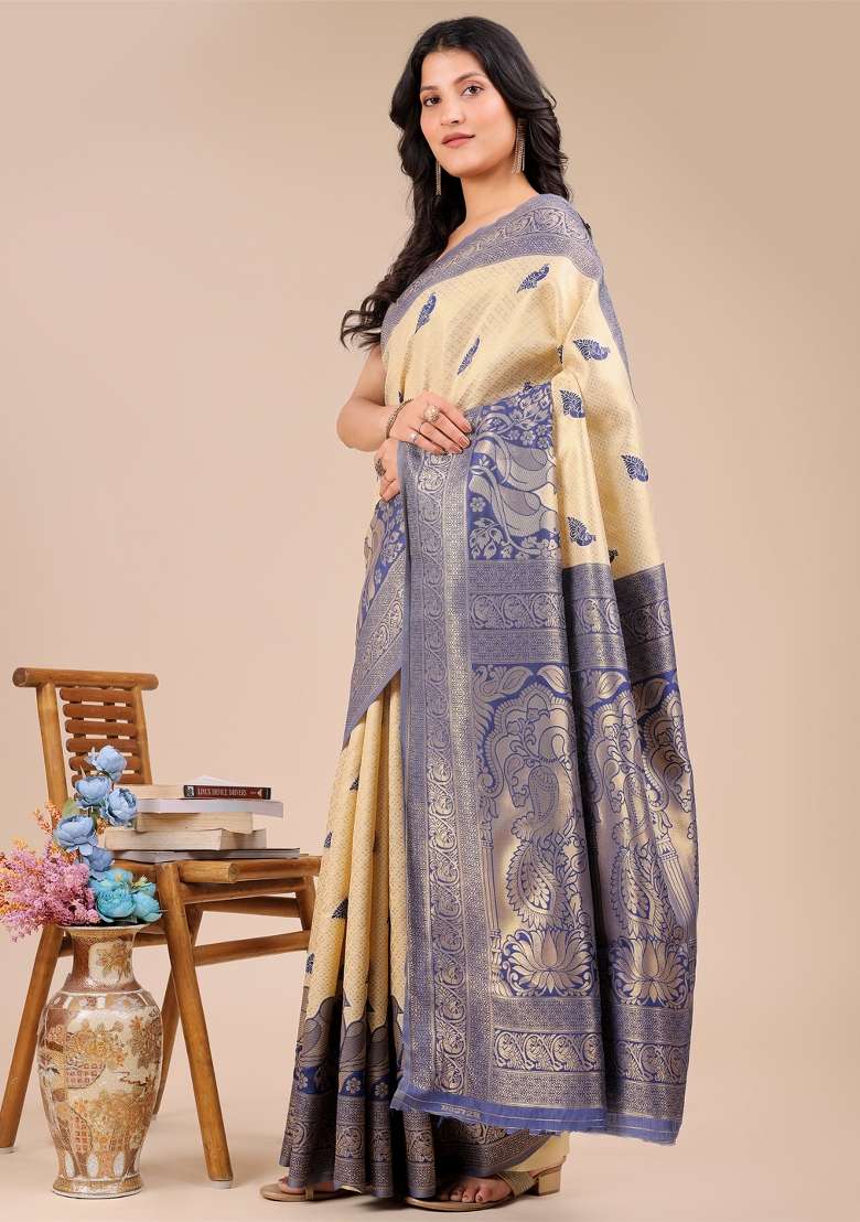 Cream And Navy Blue Woven Zari Work Banarasi Silk Saree Set - Indya