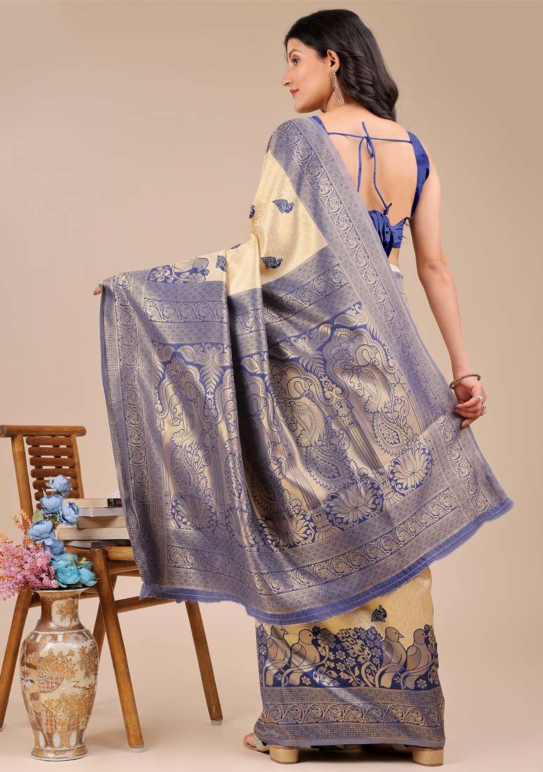 Cream And Navy Blue Woven Zari Work Banarasi Silk Saree Set - Indya