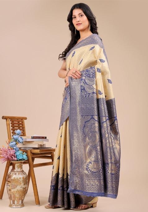 Cream And Navy Blue Woven Zari Work Banarasi Silk Saree Set