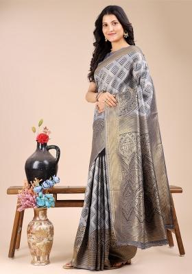 Grey Woven Zari Work Banarasi Silk Saree Set