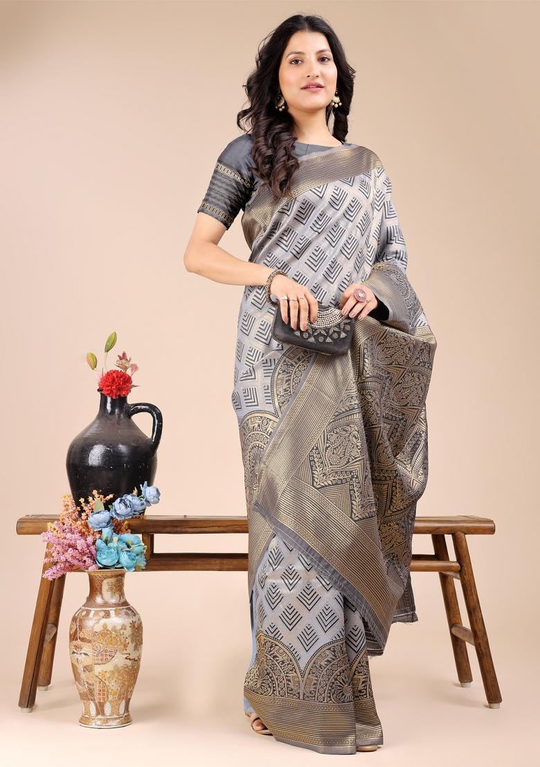 Grey Woven Zari Work Banarasi Silk Saree Set