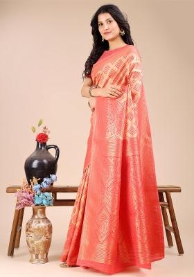 Peach Woven Zari Work Banarasi Silk Saree Set