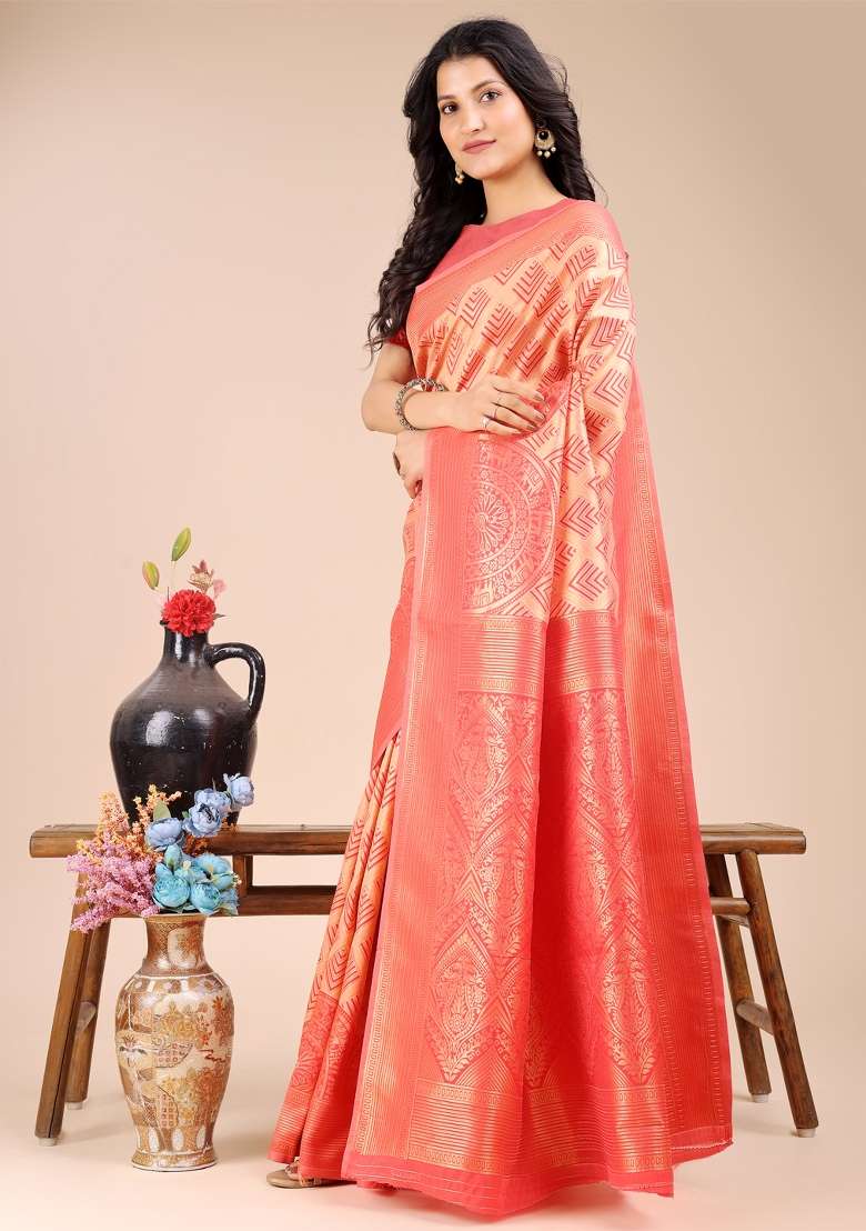 Peach Woven Zari Work Banarasi Silk Saree Set - Indya